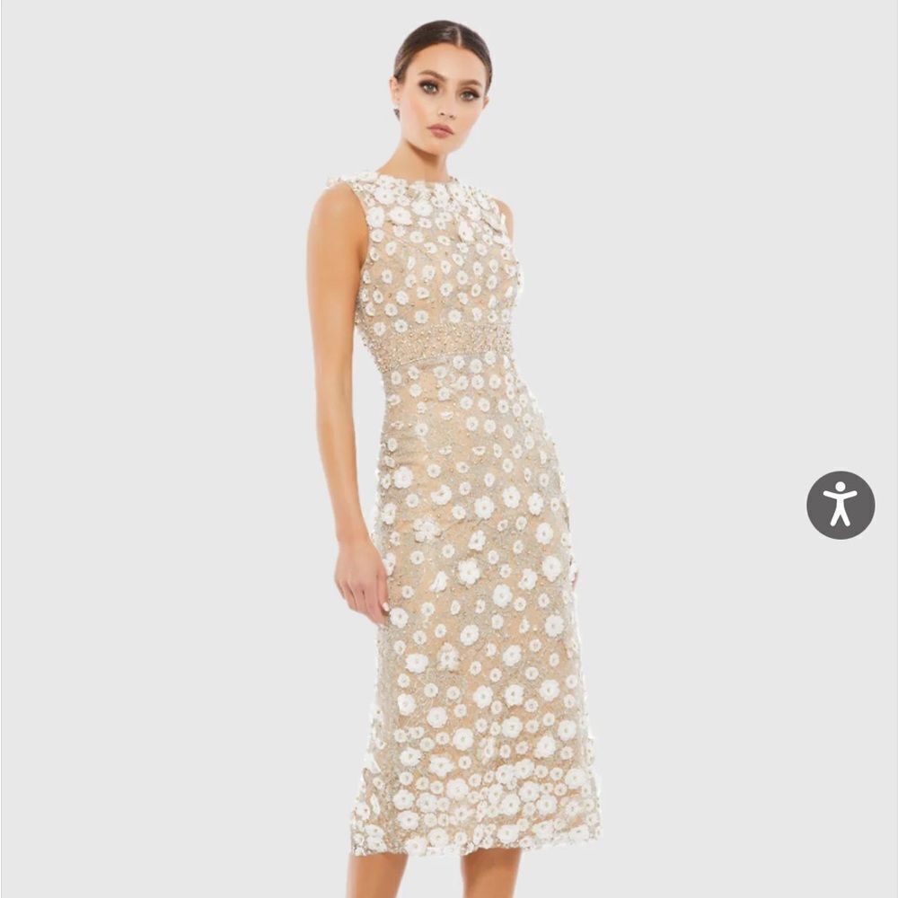 Mac Duggal 67853 Nude White Floral Applique Midi Cocktail Dress| Size 0